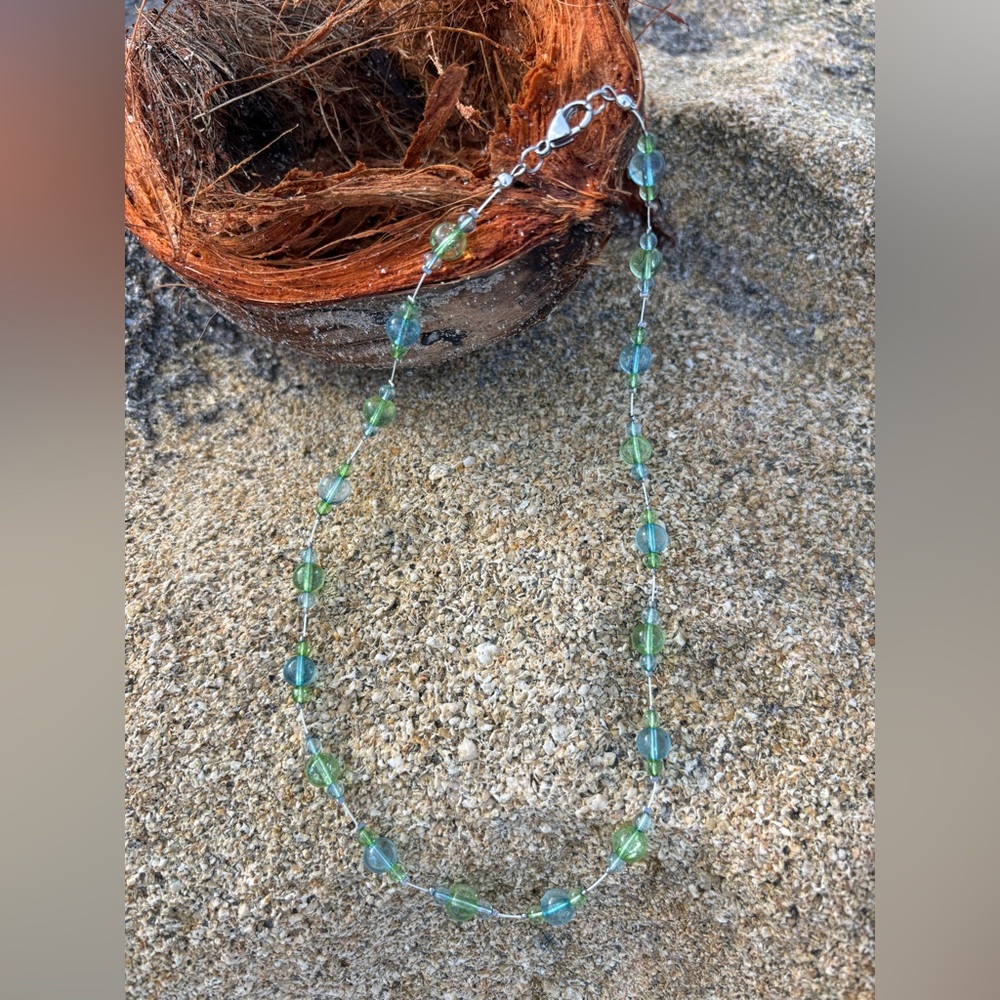 New Handmade Green & Blue Glass Beaded Necklace